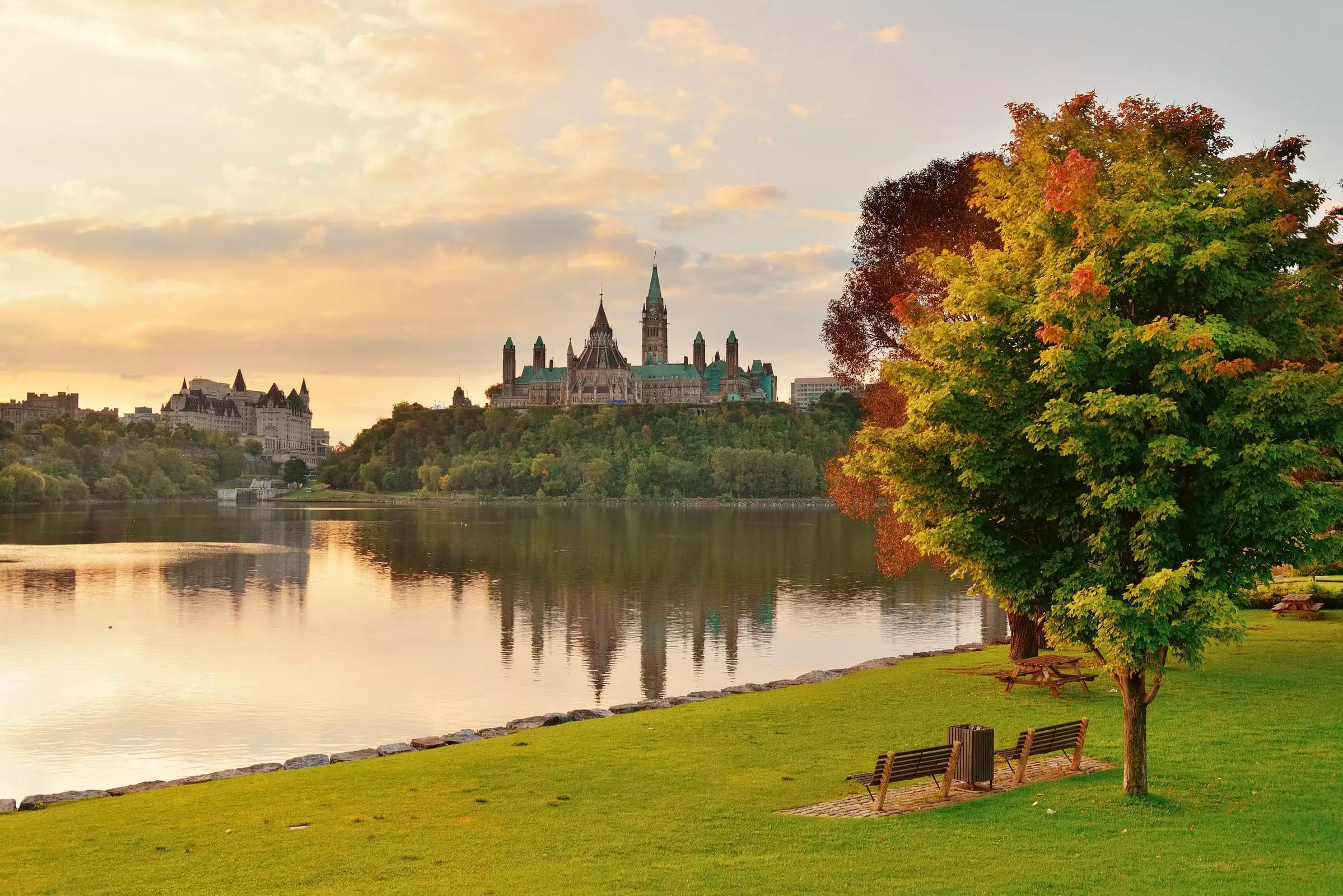 Ottawa city skyline at sunrise in the morning park view over Ottawa River