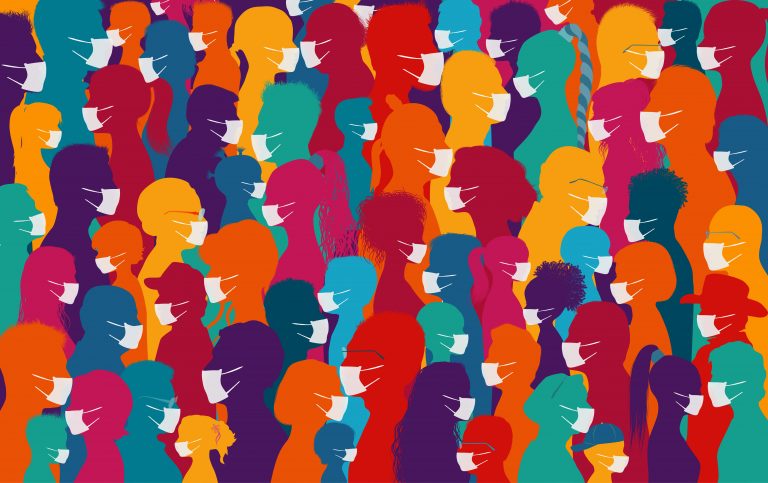 Silhouettes of people wearing masks in pandemic